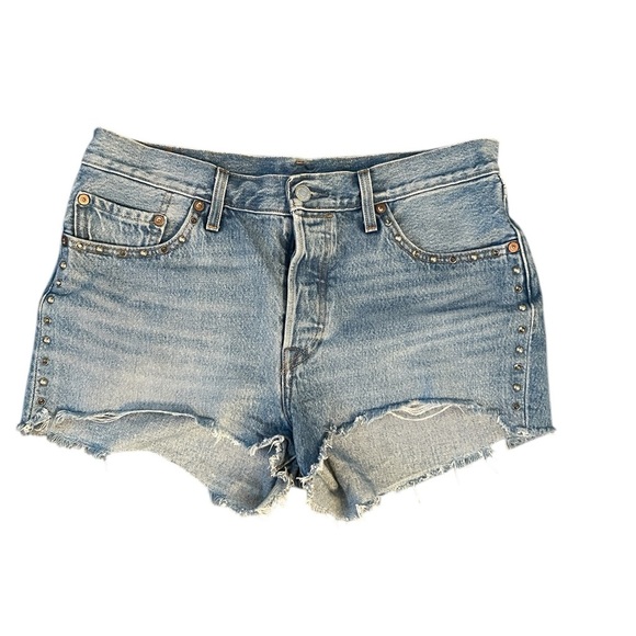 Levi's Pants - Levi’s 501 Button fly Rhinestone raw hem fray light wash denim short size 29
